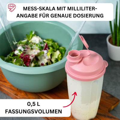 Westmark Mix- und Schüttelbecher/Dressingshaker mit Mess-Skala, herausnehmbarer Mixscheibe und verschließbarem Ausgießer, Fassungsvermögen: 0,5 l, Kunststoff, BPA-frei, Farbe: Transluzent/Rosa