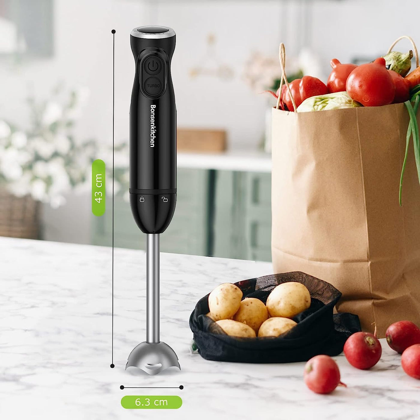 Bonsenkitchen Pürierstab, Stabmixer Elektrischer, 1000W Pürierstab Edelstahl, Stufenlos Geschwindigkeiten Rührstab für Babynahrung, Suppe, Smoothies, Püree, Sauce hand blender, Schwarz, HB3201