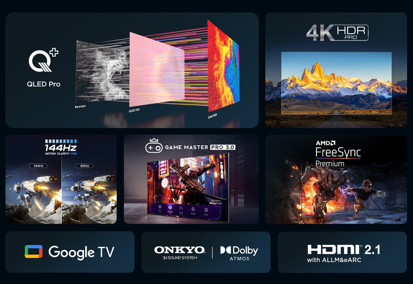 TCL 55T8B 55-Zoll QLED Pro 144Hz Onkyo Gaming Fernseher, 4K UHD, HDR Pro, Google TV (Dolby Vision IQ & Atmos, Motion Clarity, Freihändige Sprachsteureung, Kompatibel mit Google Assistant & Alexa)