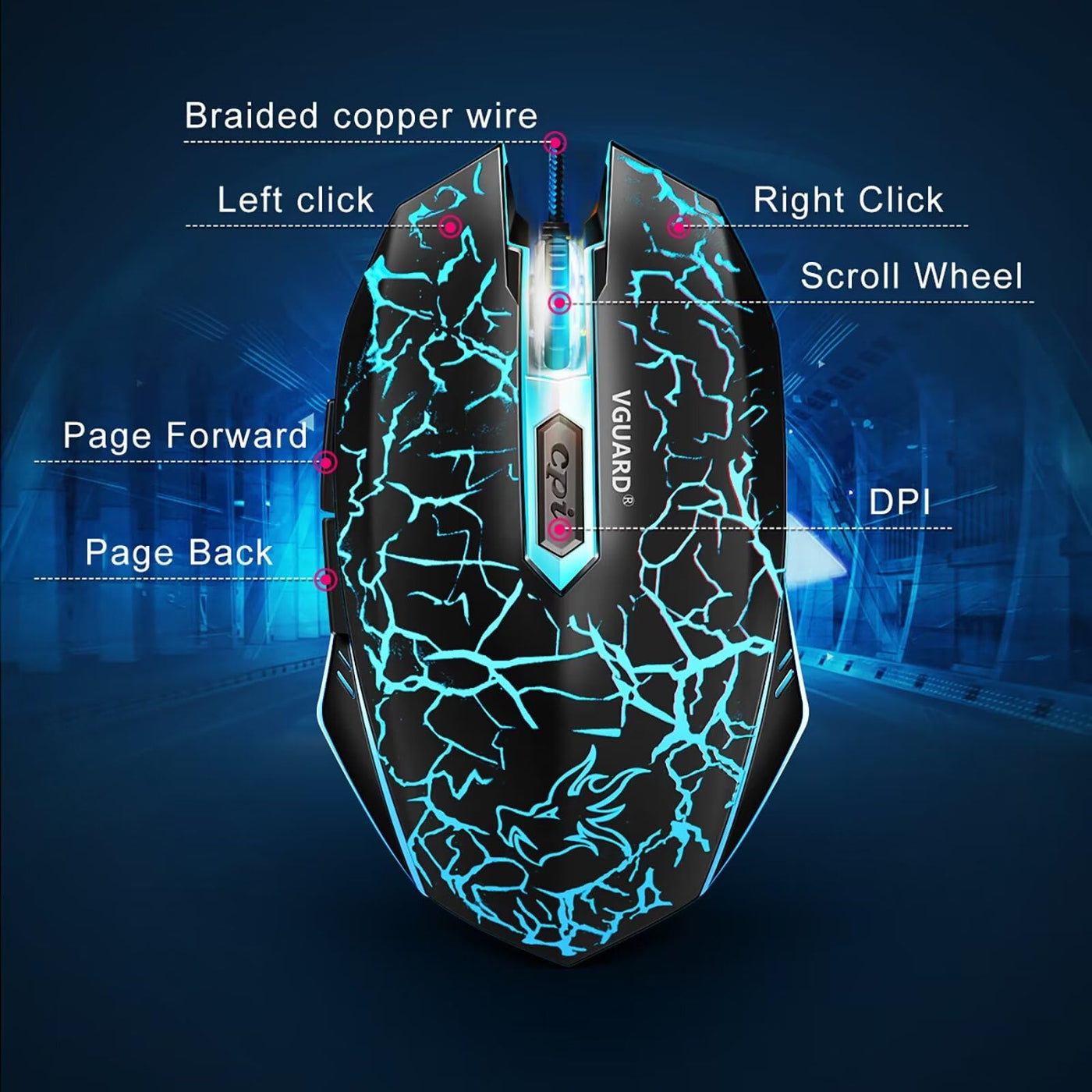 VGUARD Gaming Maus, Wired Hohe Präzision Optische Professionelle Wired Gaming Maus mit 6 Tasten/7-Modi LED Design für pro Gamer - Schwarz