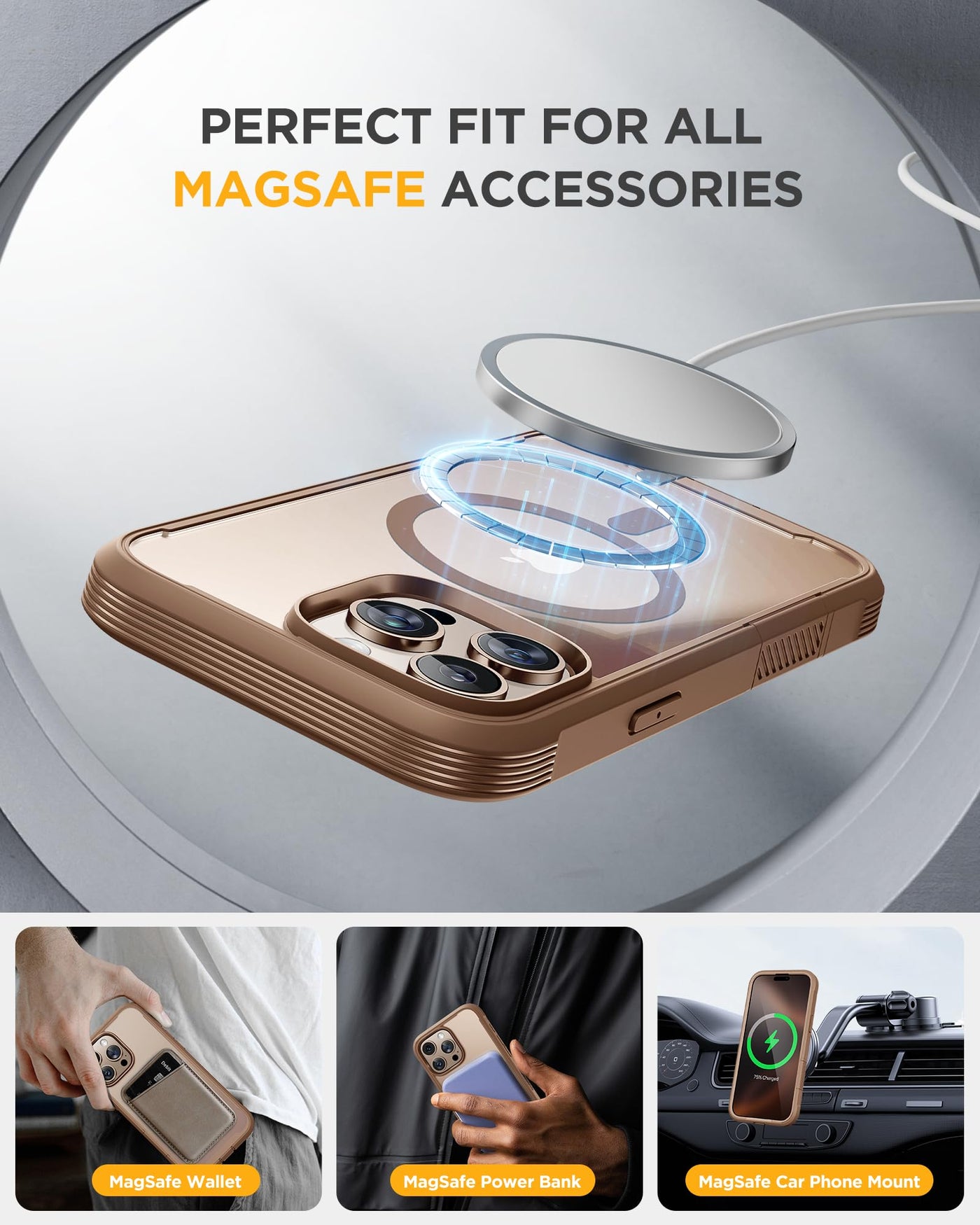 Miracase 360 Grad für iPhone 16 Pro Max Hülle mit Magsafe, Eingebaut Glas Schutzfolie, Komplettschutz HandyHülle Magnetisch Stoßfest Case für iPhone 16 ProMax Schutzhüllen 6,9 Zoll, Goldbraun