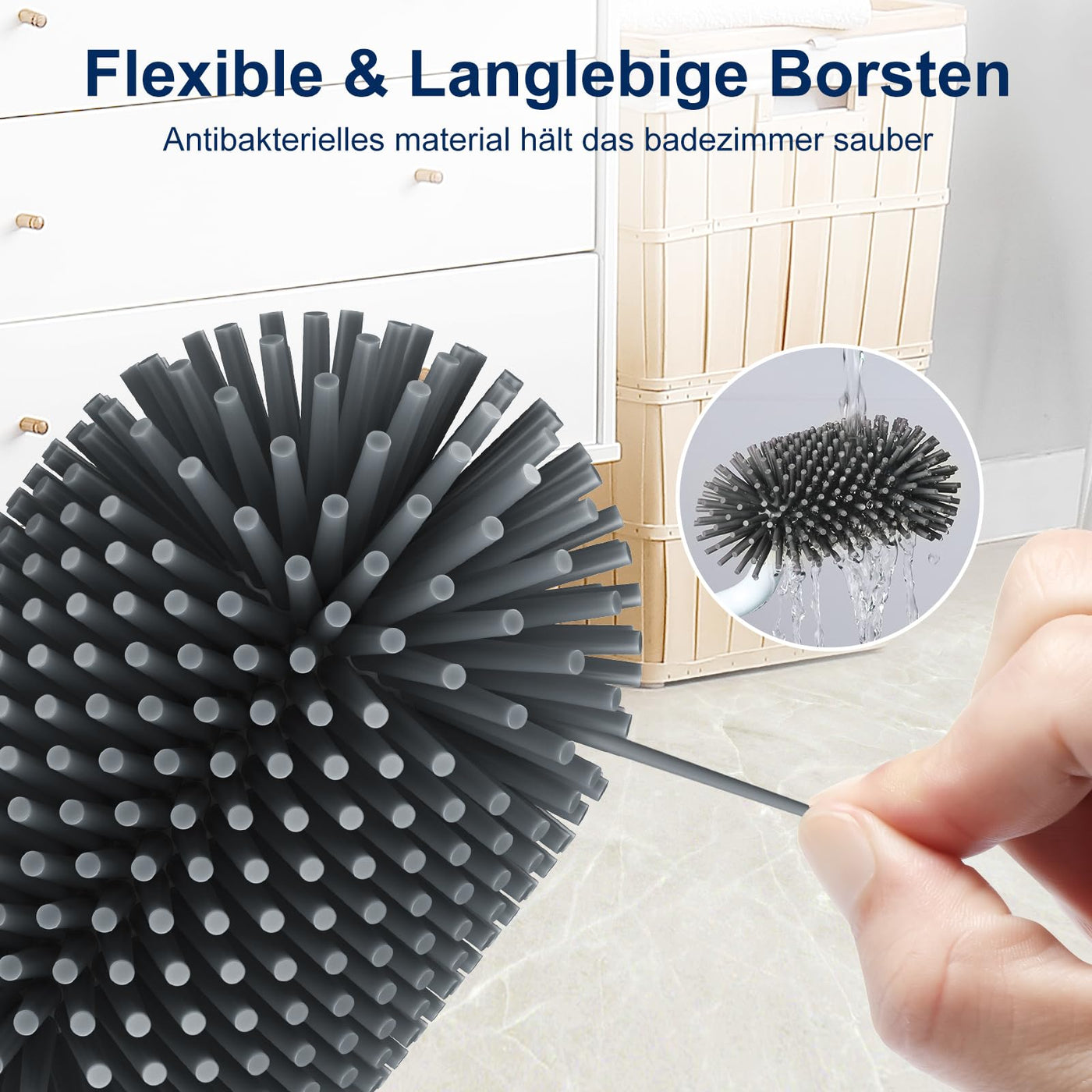 HAMITOR Klobürste Silikon Toilettenbürste mit Halter: Flexible Wc Bürste mit randreiniger - Schnell Trocknendem Klobürstenhalter Set für Badezimmer Zubehör- Hängende Toilet Brush Weiß Ohne Bohren