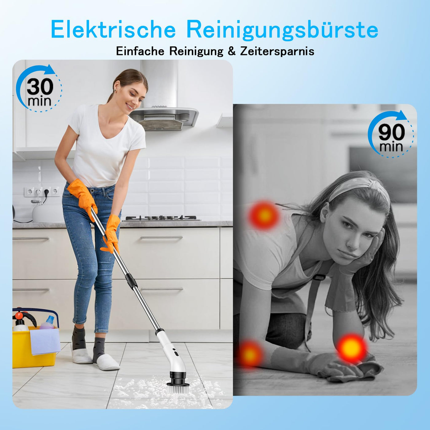 Elektrische Reinigungsbürste, 9 in 1 Elektrische Reinigungsbürste Haushalt 2 Modi Elektrischer Spin Scrubber Electric Cleaning Brush mit 34-130cm, Duschreiniger Bürste für Bad Küche fliesenund Auto