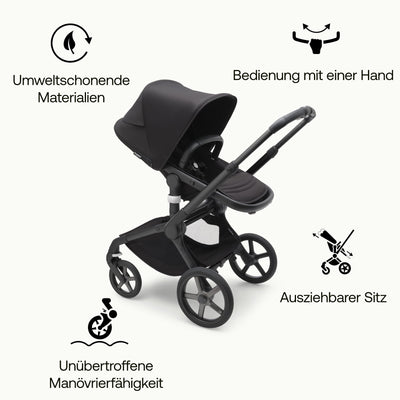 Bugaboo Fox 5, 2-in-1 Kinderwagen für jedes Gelände, mit Liegewanne und ausziehbarem Kleinkindsitz, einfach zu manövrieren und Ein-Hand Faltung, Fahrgestell, Liegewanne und Sonnendach in Schwarz