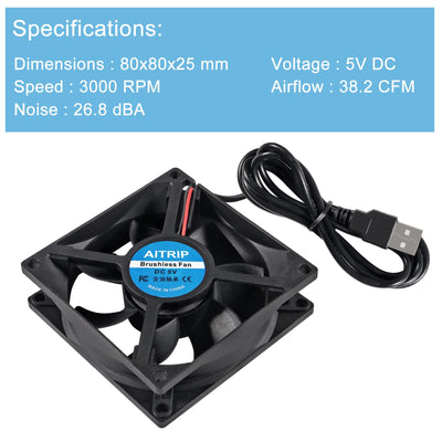 AITRIP 80mm 5V 8025 80x25mm bürstenloser USB Lüfter für Kühlung, PC Gehäuse, 3D Drucker, CPU Kühler, 2 Stück