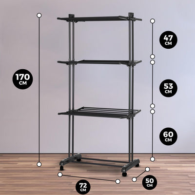 Vonia Wäscheständer 72x50x172 cm - Trockenturm 3 Lagen - Wäscheständer Turm mit Rollen - Wäschetrockner mit 6 Klappbar Flügeln - Wäscheturm (Schwarz)