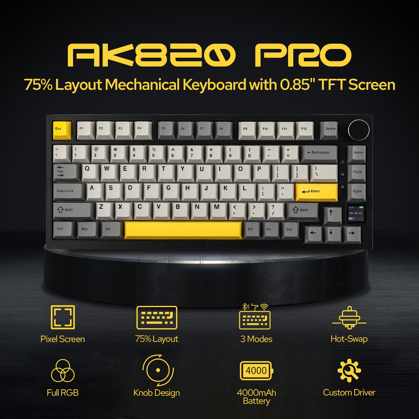 EPOMAKER Ajazz AK820 Pro Gasket Mechanische Tastatur mit Kabel/Bluetooth/kabellos, TFT Bildschirm, beleuchtet RGB, Schalldümpfende Foam für Win/Mac/PC (Grey, Ajazz Flying Fish Switch)