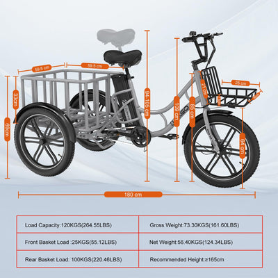 ELEKGO 20 Zoll E Bike Dreirad, 48V 18AH abnehmbare Batterie Tragfähigkeit 200 KG, Fettreifen + hinterer Gepäckkorb und Scheinwerfer, Lastenfahrrad, Elektro-Dreirad für Reichweite bis zu 40-60Km (Gray)