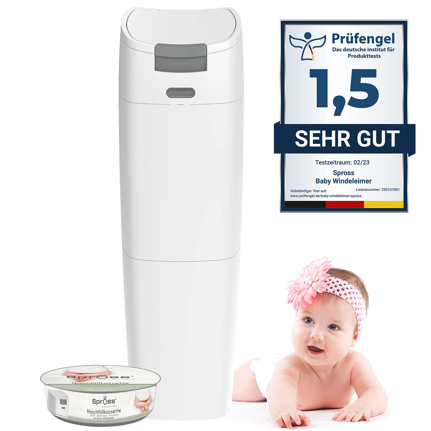 Spross Baby Windeleimer inkl. Nachfüllkassette - geruchsdichtes System mit Einhandbedienung - Mülleimer für Baby Windeln, weiß-grau