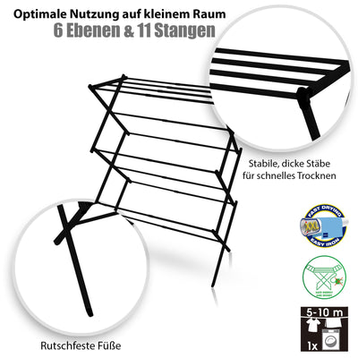 BigDean Wäscheständer platzsparend Schwarz – Wäscheturm mit Teleskopfunktion & 6 Ebenen - 5 bis 10m Trockenlänge