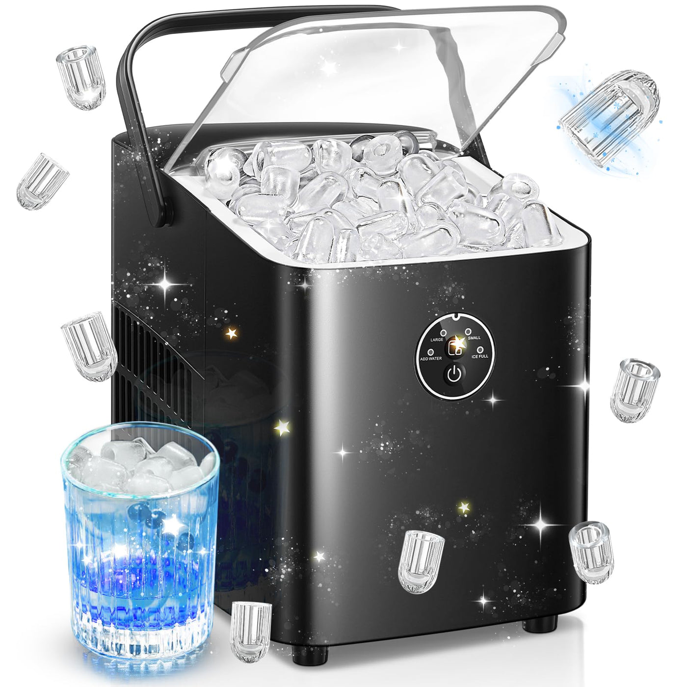 FOHERE Eiswürfelmaschine 14 kg 24 Stunden, 8 Eiswürfel in 6 Minuten, 2 Größen von Bullet Ice, Selbstreinigender Eiswürfelbereiter mit Griff, Eisschaufel und Korb, Ice Maker für Party, Büro, Wohnmobil