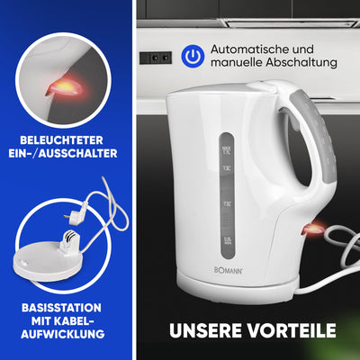 Bomann® Wasserkocher | Kettle | Wasserkocher 1,7 L mit automatischer & manueller Abschaltung | herausnehmbarer Kalkfilter | max. 2200Watt | Wasserkocher weiß | WK 5011 CB