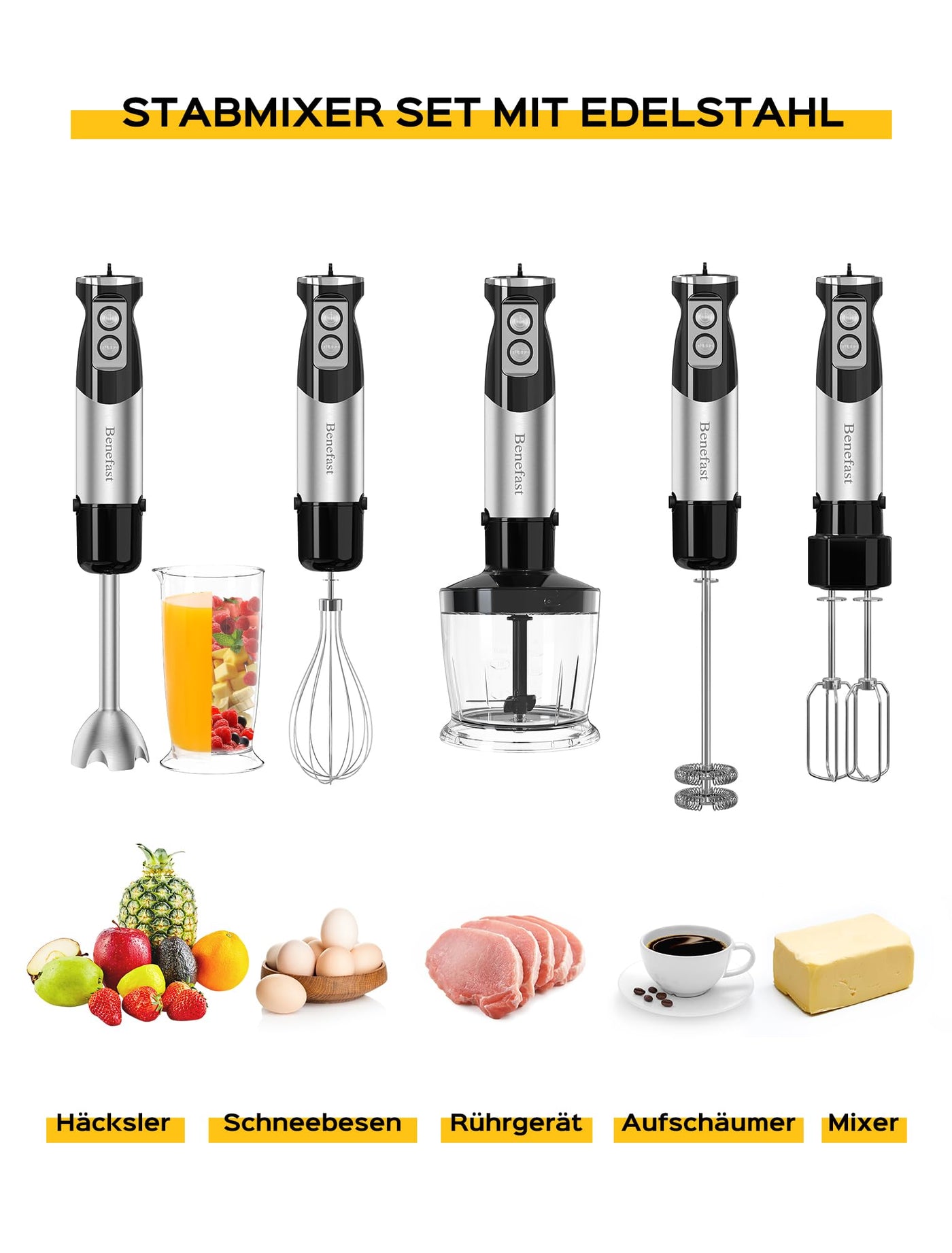 Benefast Elektrische Stabmixer 6 in 1 Stainless Steel Pürierstab Set, 1000W Stark Leistung, 12 Geschwindigkeiten & Turbo-Taste Blender für die Zubereitung von Salaten, Suppen und Teig