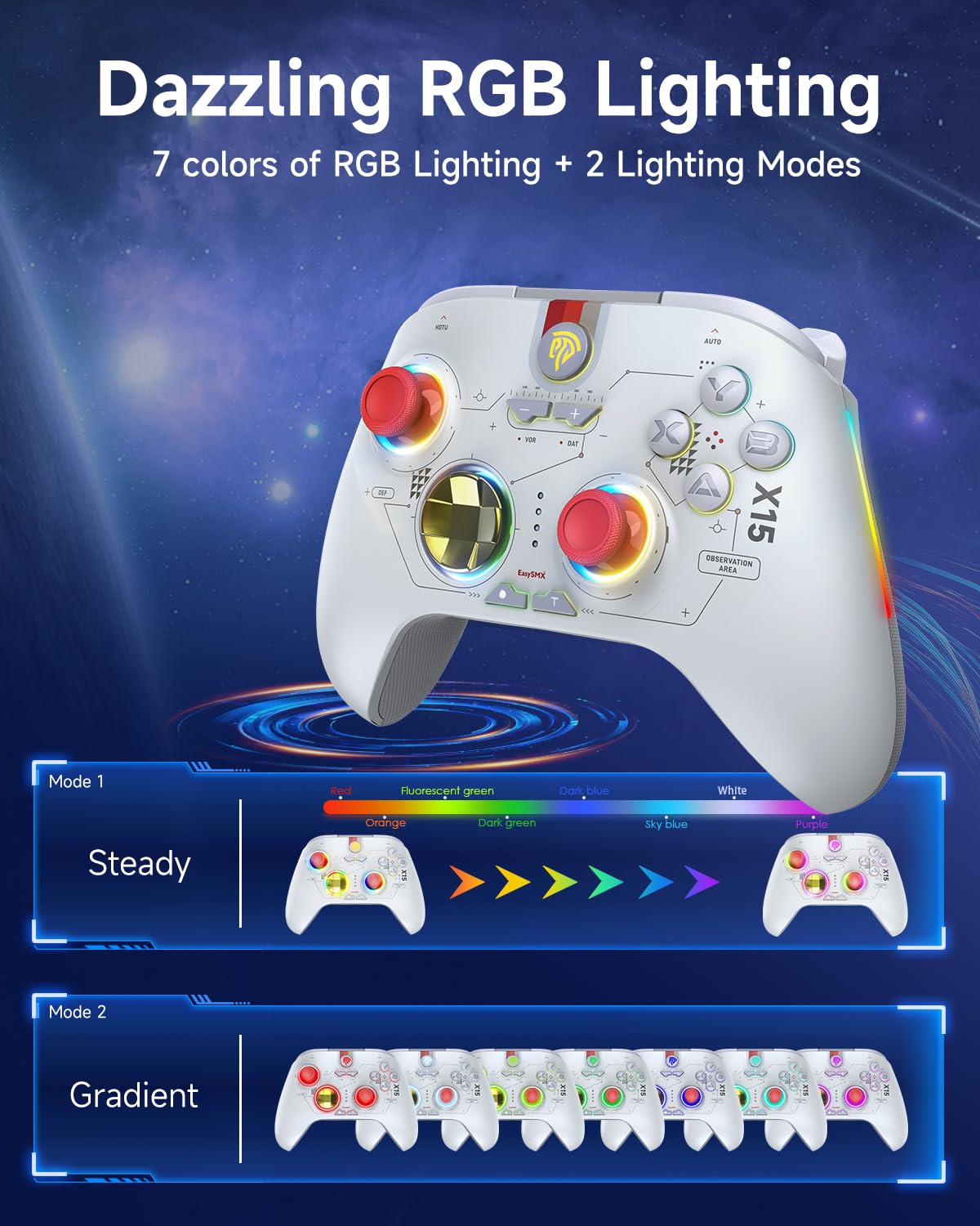 EasySMX X15 Controller PC, PC Controller Wireless mit 7 RGB Licht, Gaming Controller PC mit Hall Joystick&Trigger, Bluetooth Controller Kompatibel mit PC/Switch/Handy/Tablet-Weiß