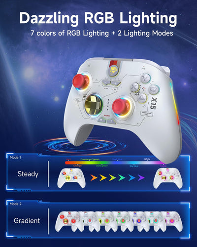 EasySMX X15 Controller PC, PC Controller Wireless mit 7 RGB Licht, Gaming Controller PC mit Hall Joystick&Trigger, Bluetooth Controller Kompatibel mit PC/Switch/Handy/Tablet-Weiß