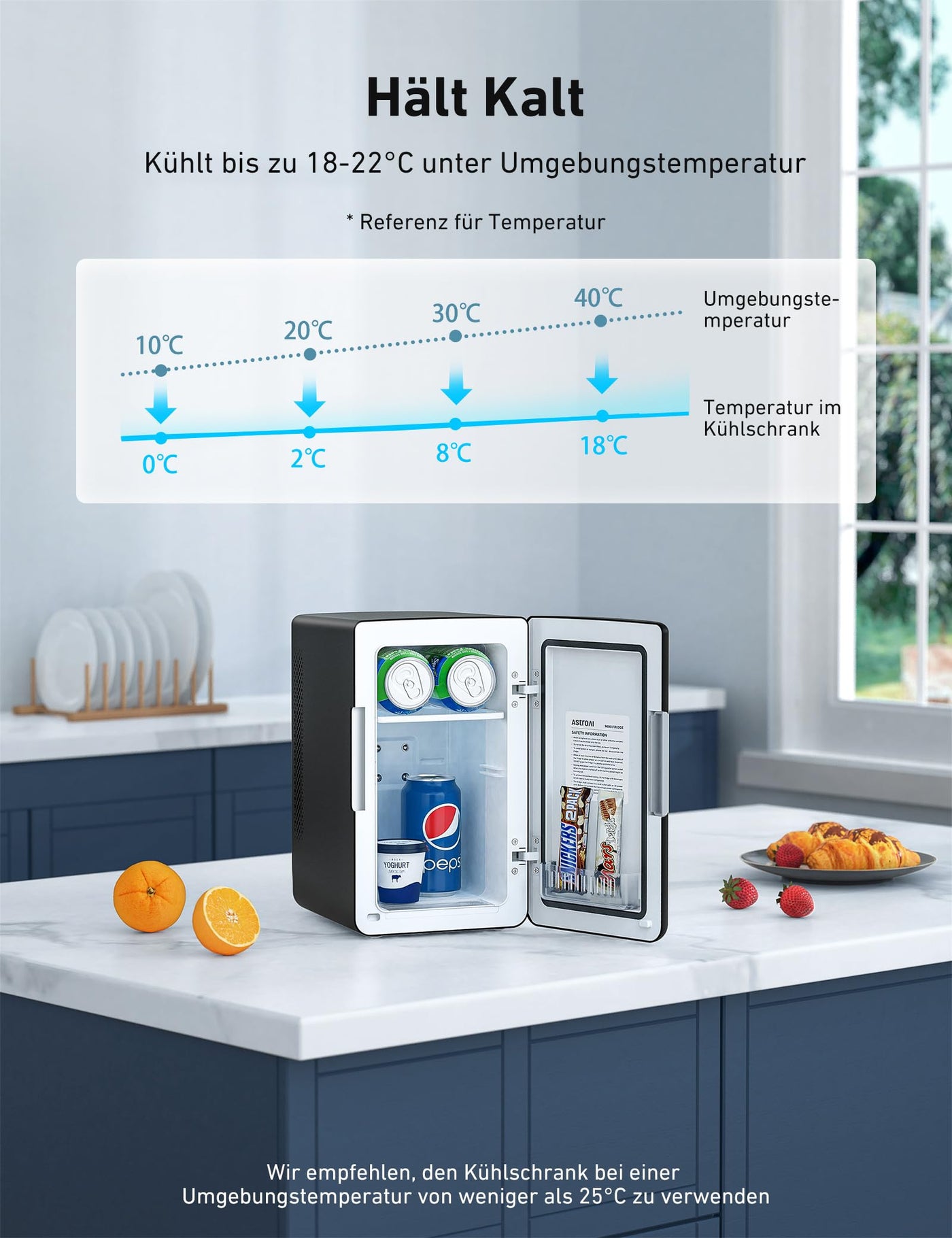 AstroAI 2 in 1 Mini Kühlschrank, 6 Liter Fridge / 8 Dosen mit Kühl- und Heizfunktion, 12V / 220V Steckdose für Autos, Büros und Schlafsäle, Schwarz