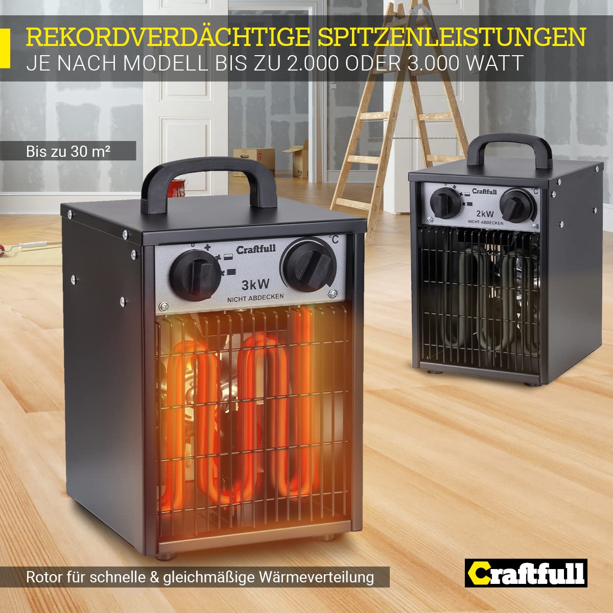 Craftfull elektrischer Heizlüfter Bauheizer HL200 | 𝟑 𝐉𝐀𝐇𝐑𝐄 𝐆𝐀𝐑𝐀𝐍𝐓𝐈𝐄 - 3000 Watt - Elektroheizer - Heizgerät elektrisch - Elektroheizung - Elektroheizkörper - Bis 30 m² (3000 Watt)