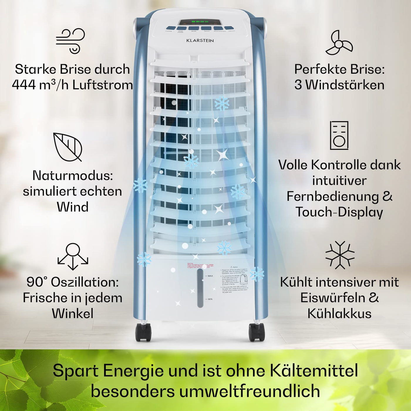 Klarstein Luftkühler mit Wasserkühlung, 4-in-1 Verdunstungskühler, Luftbefeuchter, Ventilator & Nachtmodus, Mobile Klimageräte Luftkühler mit 6L Tank, 65 Watt Air Cooler, 444 m³/h Luftstrom