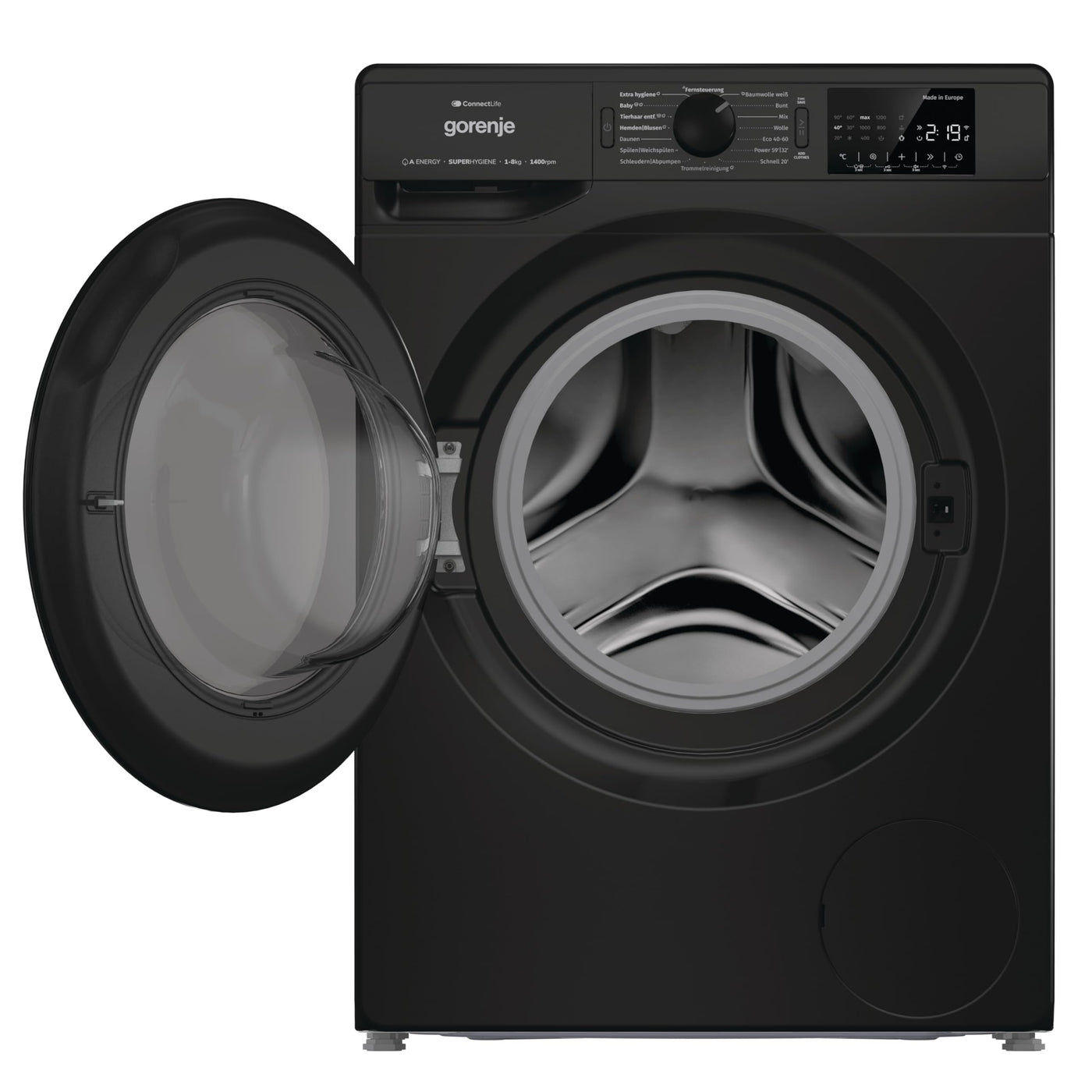 Gorenje WPNEI84A1DTSB Waschmaschine mit Dampffunktion/ConnectLife / 8Kg / 1400 U/min / 15 Programme/Totaler AquaStop/Wave Active Trommel/ExtraHygiene/PowerWash/Schnell Waschgang/EEK: A-10%