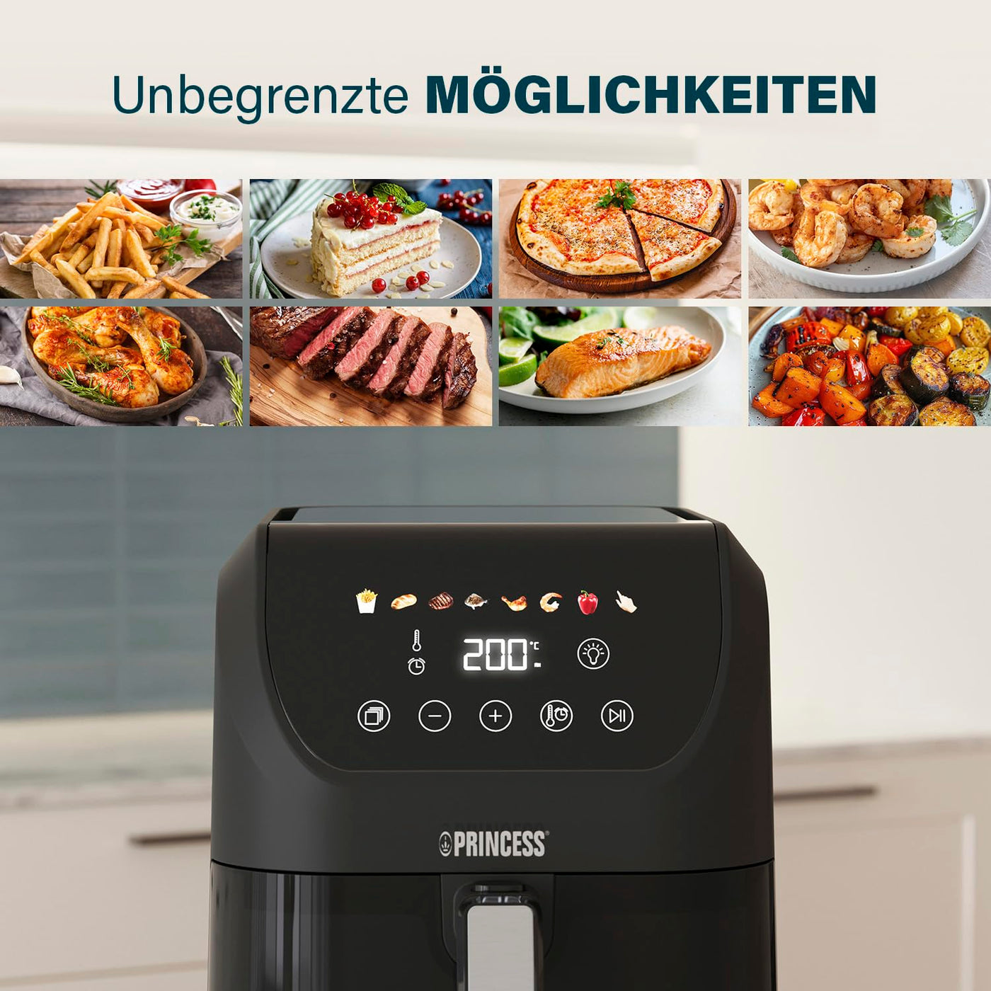 Princess Slim Airfryer 5L - 1500 W - leiser Betrieb (55 db) - Platzsparendes Design - Ölfrei - 8 Kochprogramme - Einstellbarer Thermostat - Spülmaschinenfeste Teile - Antihaftbeschichtung - 182240