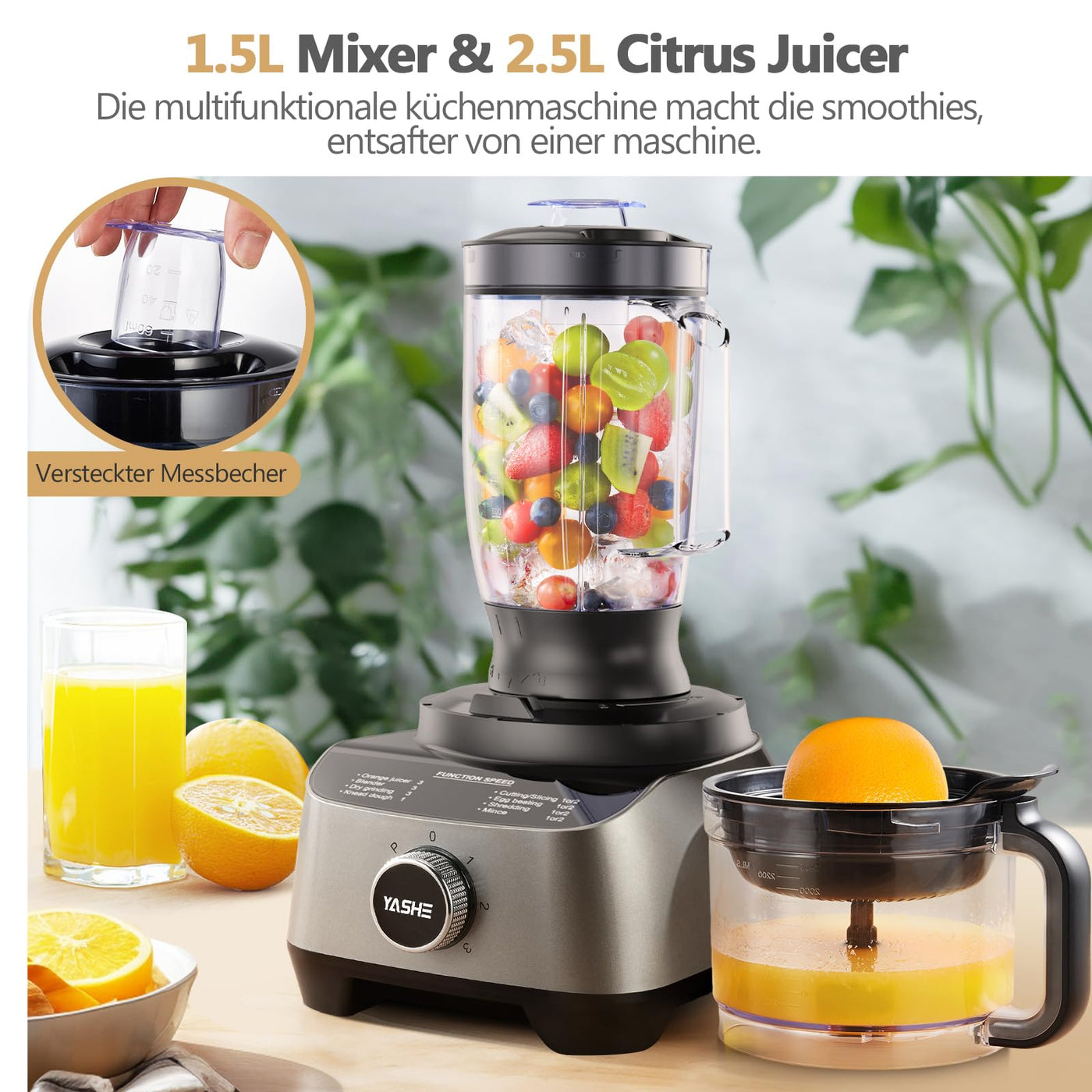 YASHE 11 in 1 Küchenmaschine, 1300W Multifunktionale Food Processor - 2,5 L Rührschüssel & 1,5 L Mixgefäß, Upgrade Schneidescheibe, Zitruspresse, Knetmaschine, Mahlwerk, Schneebesen, Zerkleinerer