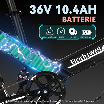 Bodywel T16 Mini E Bike 16 Zoll Elektrofahrrad 250W 36V/10.4AH Akku mit APP Funk Max 55km 4.5 Zoll LED Display Vollfederung für Herren Damen (Blau)