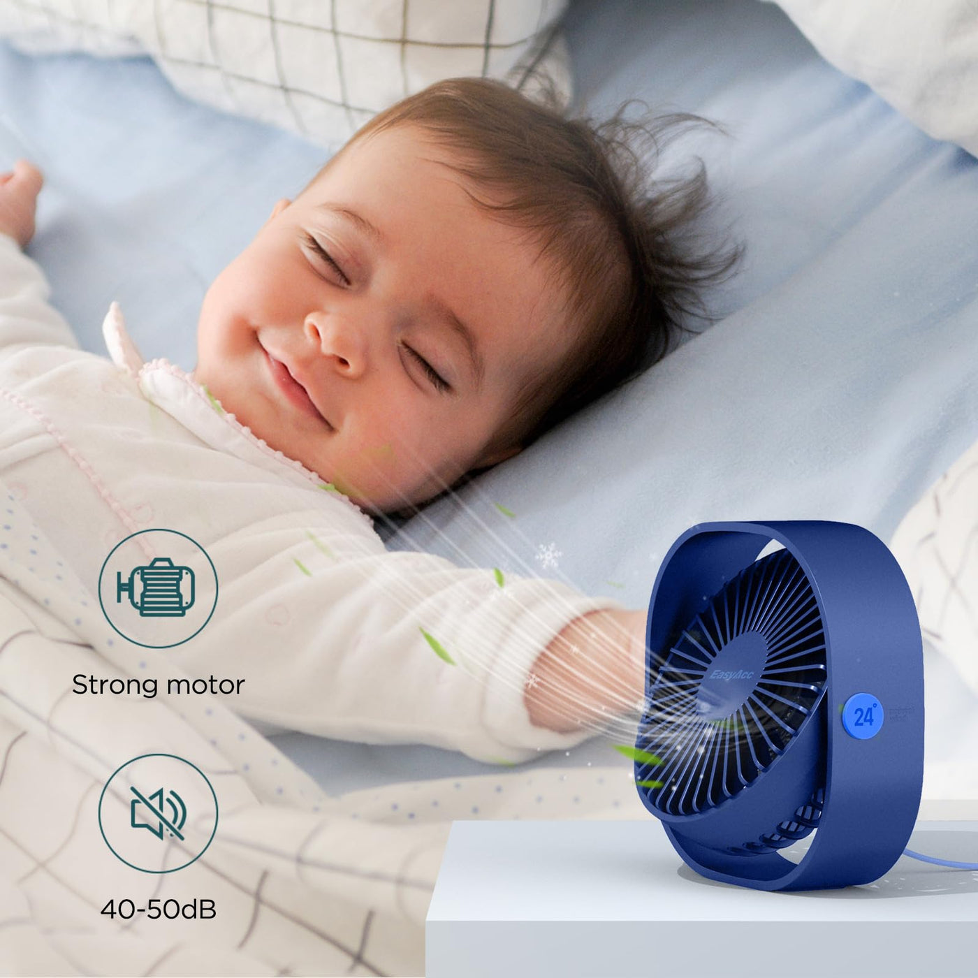 EasyAcc USB Ventilator, Mini Ventilator USB Tischventilator leise Klein 2 Jahre Garantie Starker Exquisit Lüfter 3 Geschwindigkeiten 360 Grad Drehung Desk Fan für Schreibtisch Zuhause Büro