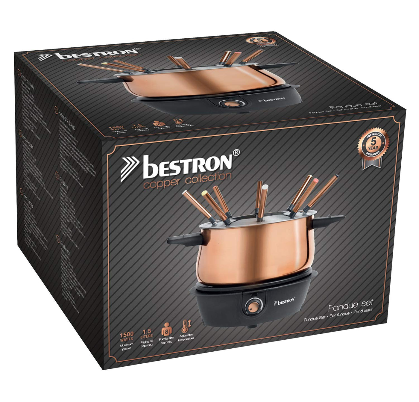 Bestron elektrische Fondue Set für bis zu 8 Personen, mit 8x Fonduegabeln & stufenlosen Thermostat, inkl. Spritzschutz, Farbe: Kupfer