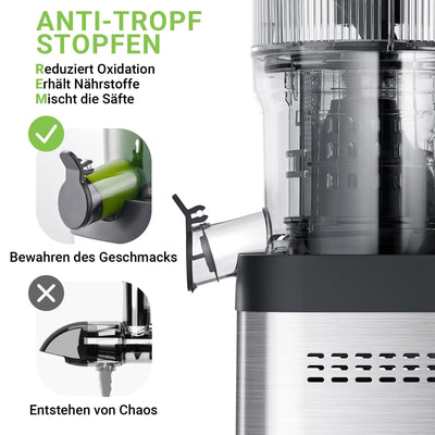 AMZCHEF Entsafter mit zwei Schnecken für automatische Zuführung und Mastikation für freie Hände - Slow Juicer mit 126MM Öffnung und 2 Liter Kapazität für ganze Gemüse und Obst - Silber