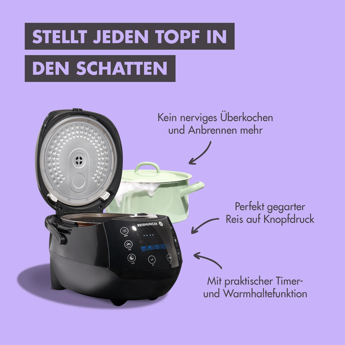 REISHUNGER Digitaler Reiskocher & Dampfgarer Schwarz | 1,5 L bis 8 Personen | Warmhaltefunktion, Timer & Premium Innentopf | Multikocher, 12 Programme, 7-Phasen-Technologie