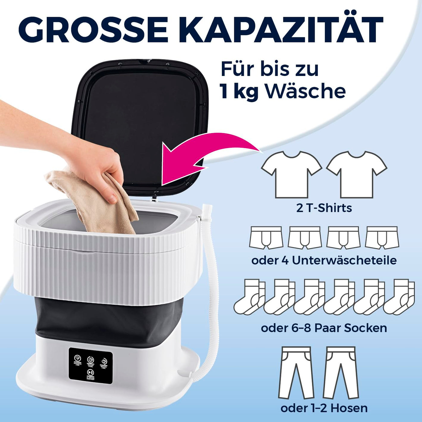 CLEANmaxx Mini-Waschmaschine ideal für Unterwegs | Mobile Waschmaschine mit 2 Waschprogrammen & einem Schleudergang | Zusammenfaltbar & leise | Für bis zu 1kg Wäsche | Geeignet für Camping & Reisen