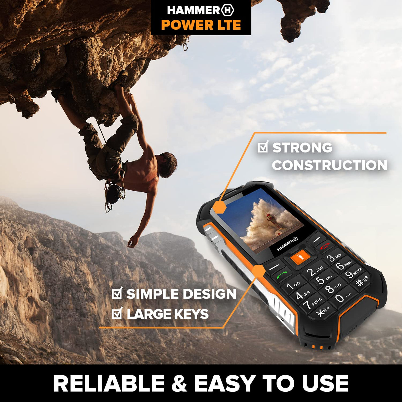 Hammer H Power LTE Handy ohne Vertrag,2.4 Zoll Farbdisplay,Robust,Mega Batterie 3100 mAh,(IP68),Stoßfest,Baustellen Tasten,Taschenlampe,Dual SIM,256MB Tastenhandy - Schwarz