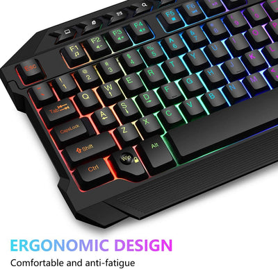 BAKTH Gaming Tastatur und Maus Set, LED Hintergrundbeleuchtung QWERTZ DE Layout, Regenbogen Farben Beleuchtete USB Wasserdicht Tastatur und Maus mit 3600 DPI für Pro PC Gamer