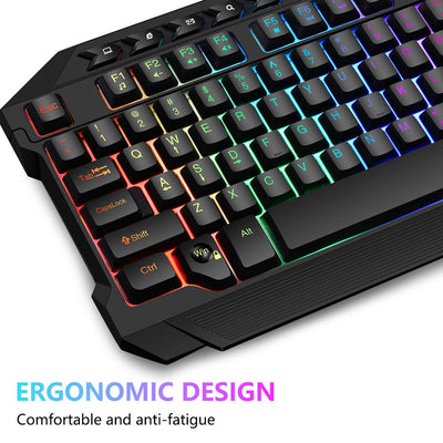 BAKTH Gaming Tastatur und Maus Set, LED Hintergrundbeleuchtung QWERTZ DE Layout, Regenbogen Farben Beleuchtete USB Wasserdicht Tastatur und Maus mit 3600 DPI für Pro PC Gamer