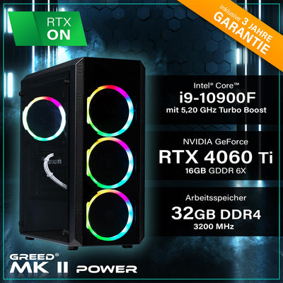 Greed®MK2 Power - High End Gaming PC - Intel Core i9-10900F+ Nvidia Geforce RTX 4060Ti 16GB - Schneller RGB Computer + 4K Raytracing Rechner mit 5,2 GHZ - 32GB DDR4 RAM - 1TB SSD - WLAN + W11 Pro