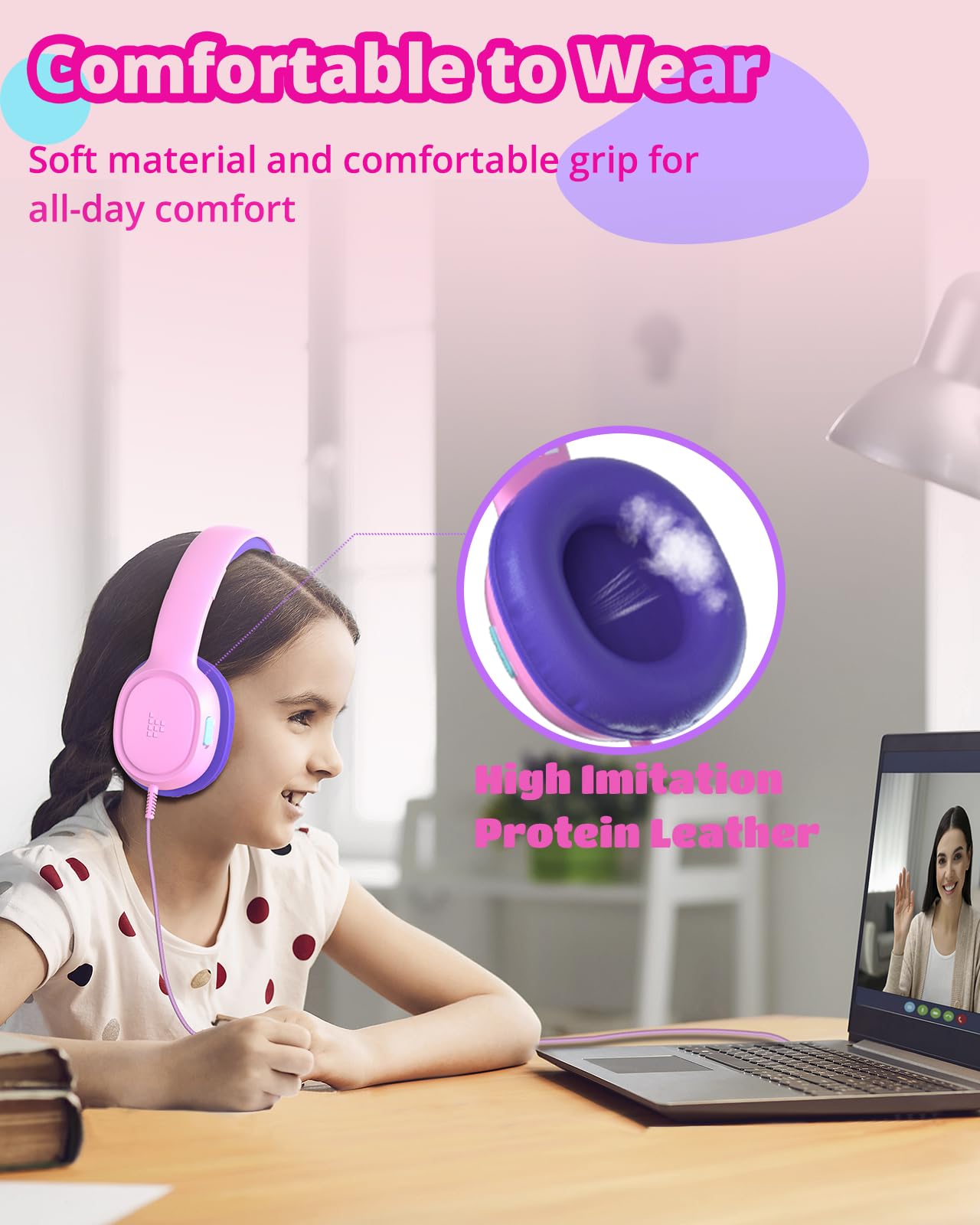 Tronsmart KH01 Kopfhörer Mit Kabel Kinder, Faltbarer Kopfhörer Kinder, 85/93 dBA Lautstärkebegrenzung, Stereo Sound, Kopfhörer Kinder Mit Kabel, Einstellbar, für Zum Lernen Und Zur Unterhaltung, Rosa