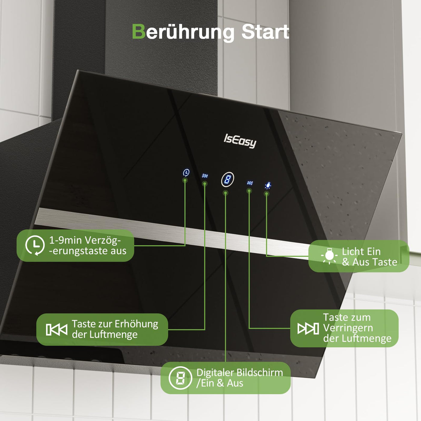 Dunstabzugshaube 60 cm, IsEasy Umluft Dunstabzugshaube mit 578 m³/h starke Saugleistung, 4 Einstellstufen, Abluftmodus, 1–9min Verzögerungs-Ausschaltfunktion, Min 35dB, Schwarz, Effizienz A++