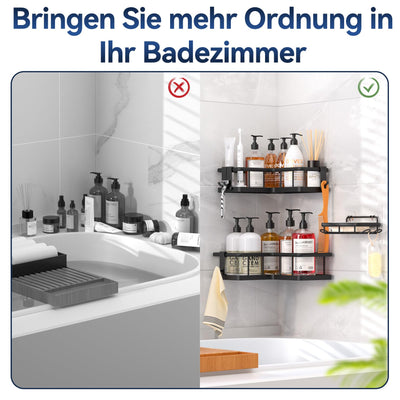 YASONIC Duschablage Ecke ohne Bohren Badezimmer Organizer, verdicktes Duschregal Ecke ohne bohren mit großer Kapazität, Shampoo Halterung für Dusche mit 4 abnehmbaren Haken, Badregal 3 Stück, Schwarz