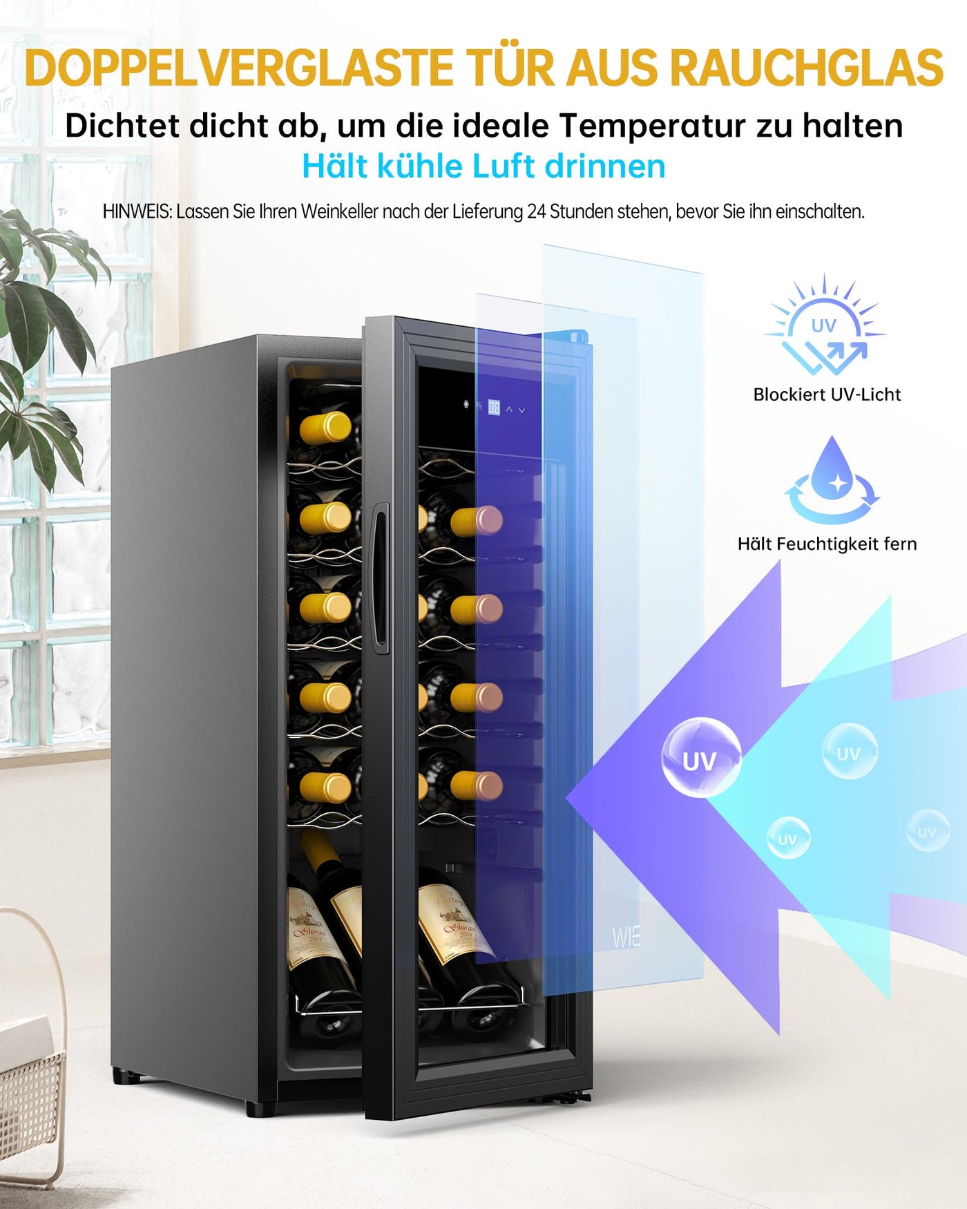 WIE Weinkühlschrank Compressor 53 Liter 18 Flaschen Getränkekühlschrank Kleiner Weinschrank Klein Wein-Kühlschrank mit Glastür,Vollglas-Designtür mit LED Touchpanel,Anti-UV, Wine Fridge 5-18°C