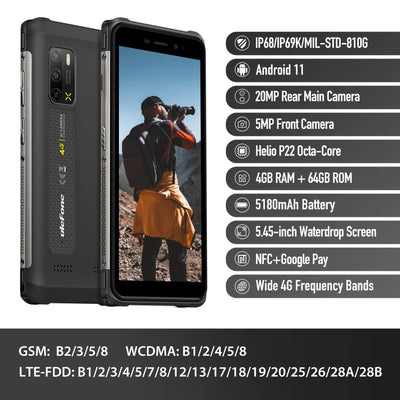 Ulefone Armor X10 PRO Outdoor Smartphone Ohne Vertrag, 20MP Unterwasserkamera,Helio P22 4GB+64GB, 5,45" IP68 Wasserdicht Handy Android 11, 5180mAh Akku,3-Karten Slot, Gesichts Entsperrung NFC Schwarz