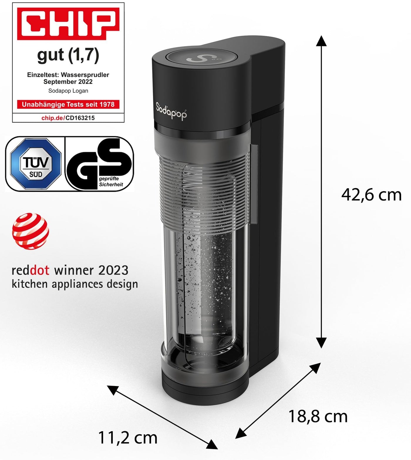 Sodapop Wassersprudler Logan Starterset mit CO₂-Zylinder, inkl. 2 Glasflaschen (850 & 600 ml) und 1 PET-Flasche (850 ml), Matt Schwarz, Höhe 42,6 cm