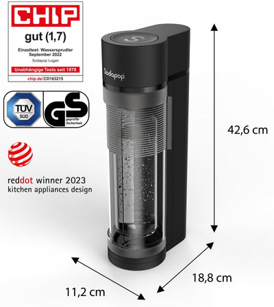 Sodapop Wassersprudler Logan Starterset mit CO₂-Zylinder, inkl. 2 Glasflaschen (850 & 600 ml) und 1 PET-Flasche (850 ml), Matt Schwarz, Höhe 42,6 cm