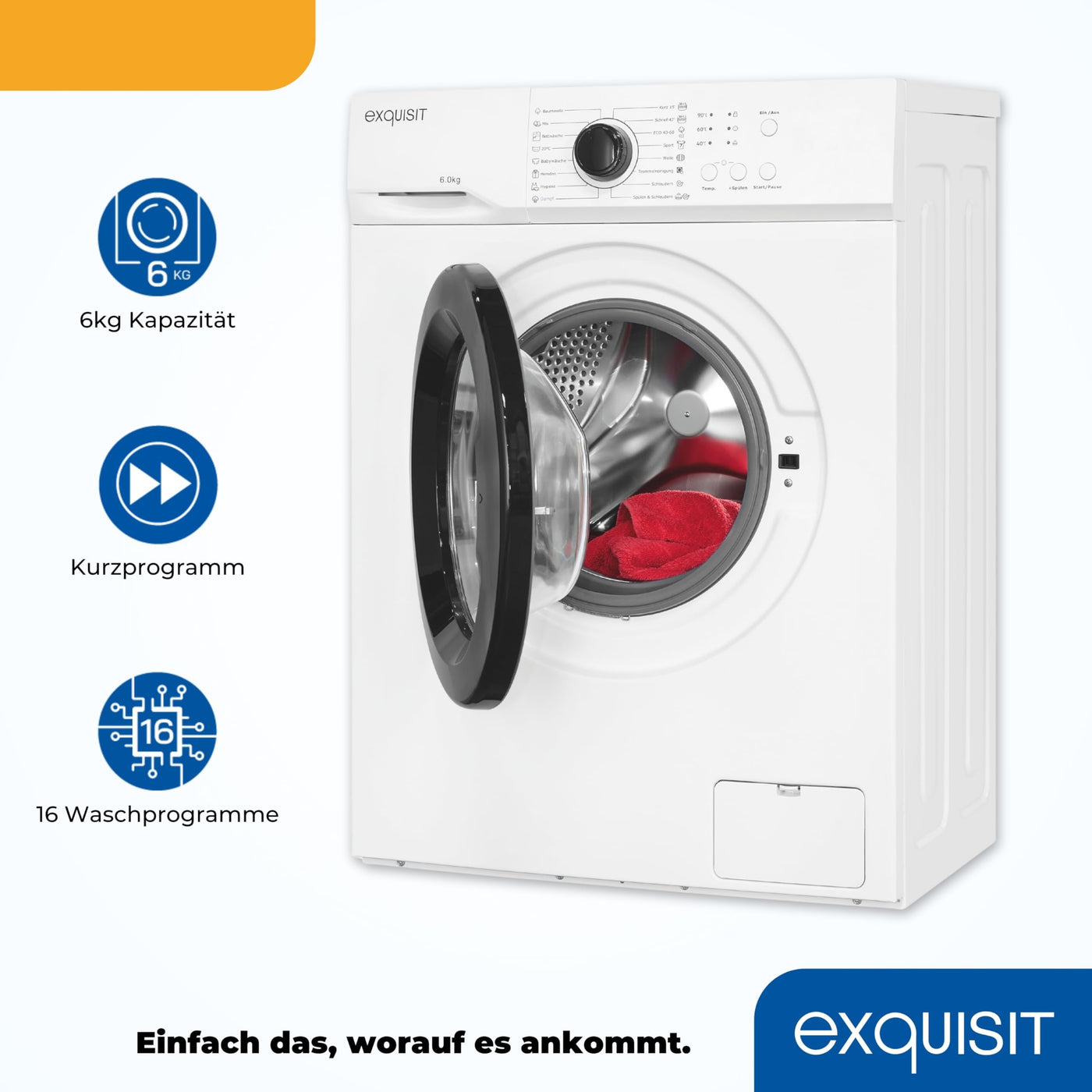 Exquisit Waschmaschine 6kg, Energieeffizienzklasse A, max. 1000 U/min, ECO 40-60, Kurzprogramm, Kindersicherung, 16 Waschprogramme, WA56110-020A weiss