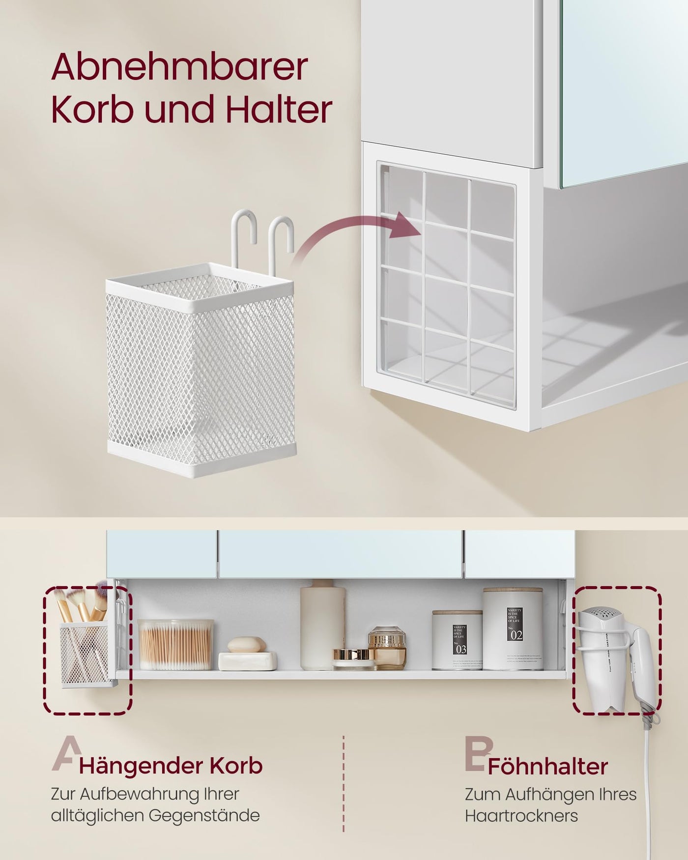 VASAGLE Badezimmerschrank mit 3 Türen, Spiegelschrank, Wandschrank, Steckdosen, Hängekorb, Haartrockner-Halter, viel Stauraum, für Badezimmer, 16,5 x 70 x 75 cm, wolkenweiß BBK126W01