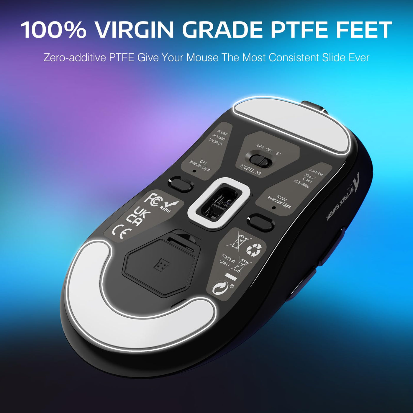 VGN GAMEPOWER x ATTACK SHARK X3 SUPERLIGHT Kabellose Gaming-Maus, 49g Ultraleicht Mouse, 26000DPI, PixArt PAW3395, 2.4G/BT/Kabelgebunden, PTFE Feet, Bis zu 200 Std. Akku, G502, PC/Xbox/PS/Mac, Schwarz