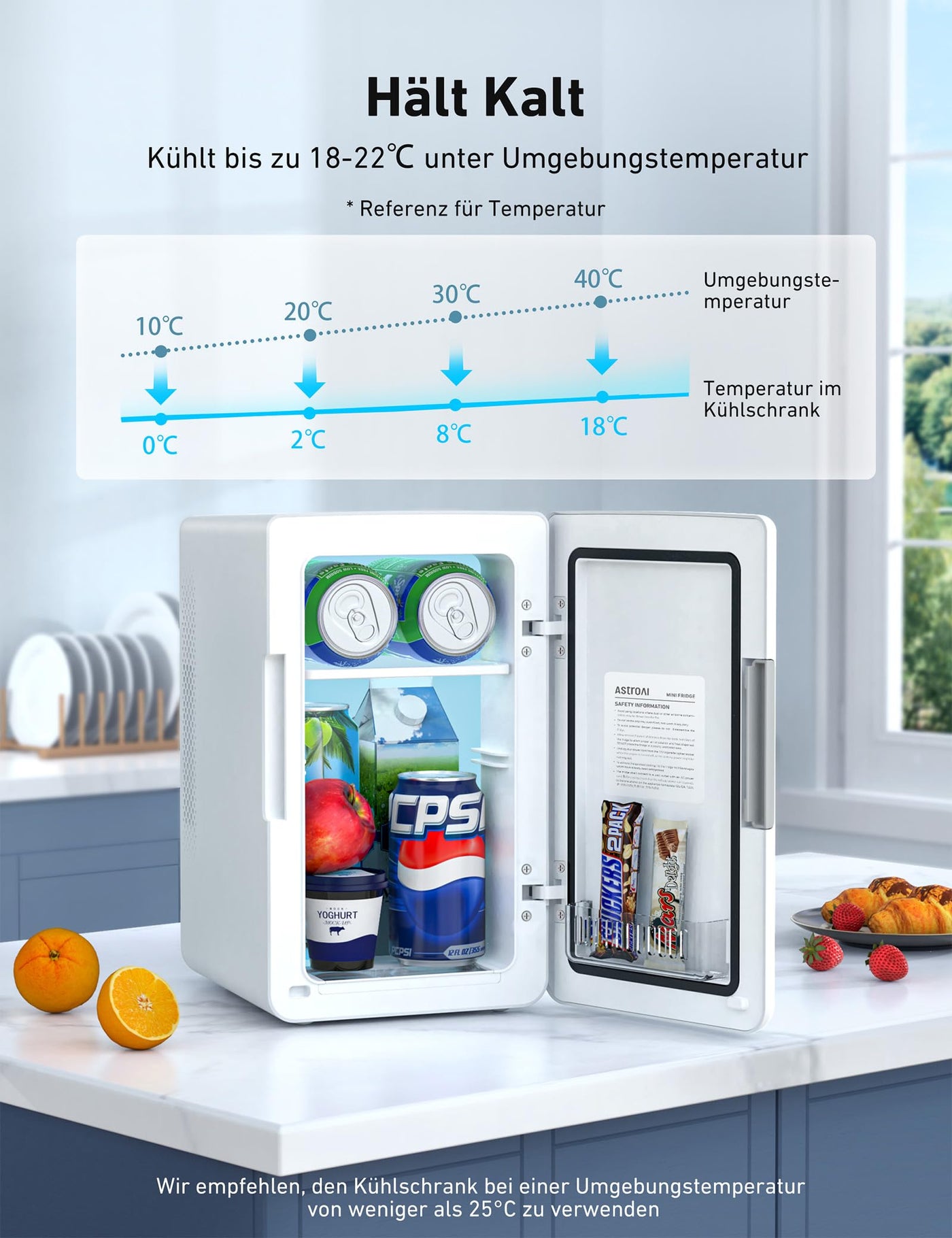 AstroAI 2 in 1 Mini Kühlschrank, 6 Liter Fridge / 8 Dosen mit Kühl- und Heizfunktion, 12V / 220V Steckdose für Autos, Büros und Schlafsäle, Weiß