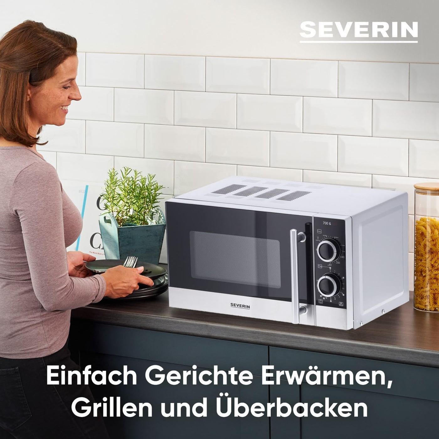 SEVERIN 2-in-1 Mikrowelle mit Grill 700 W, Grillofen mit 9 Automatikprogrammen, Mikrowelle mit Grillrost und Drehteller, silber-schwarz / Edelstahl, MW 7874