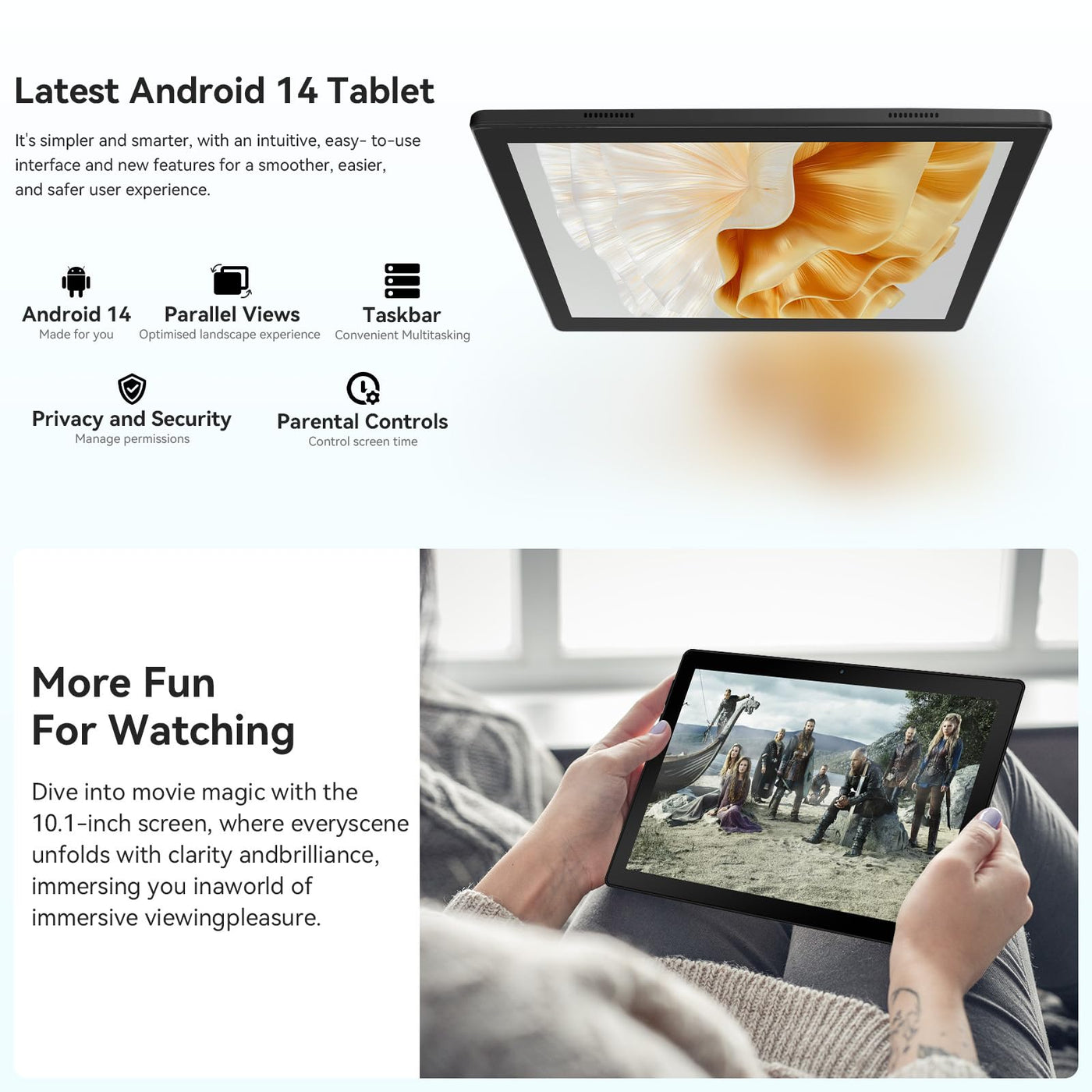 HotLight Tablet 10 Zoll Android 14 Tablet, Octa-Core Prozessor, 10GB+64GB(TF 1TB), Aura spirituell, WideVine L1, WiFi6, BT 5.3, 5000mAh, Tablet PC mit USB OTG und Gesichtserkennung, Schwarz