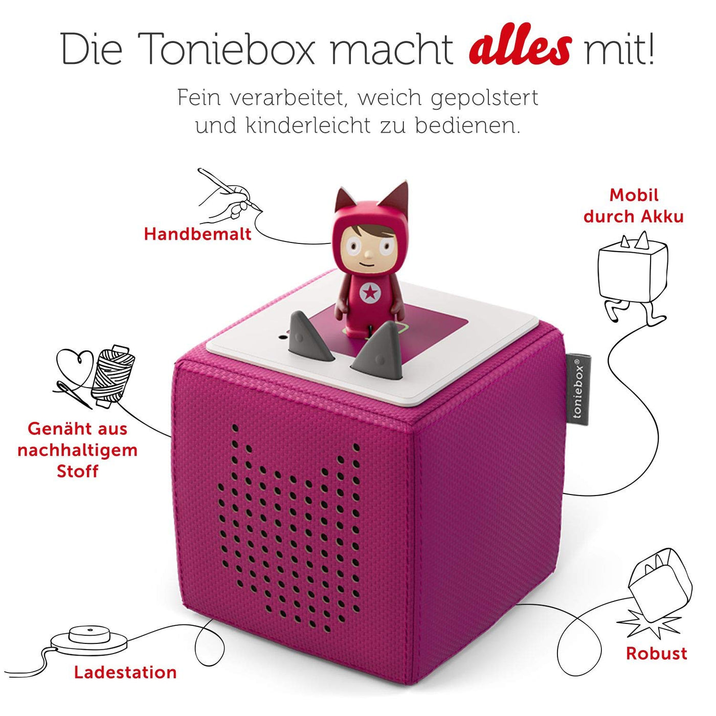 tonies Toniebox Starter Set inkl. 1 Kreativ Figur – Audioplayer für Hörbücher und Lieder für Kinder, einfach zu bedienende kabellose Musikbox BZW. Lautsprecher, 7 Std. Akku, Beere