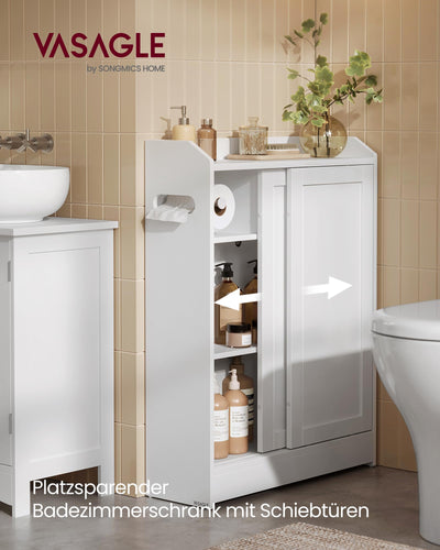 VASAGLE Badezimmerschrank, Badschrank platzsparend, Toilettenrollenhalter, Toilettenbürstenhalter, Schiebetüren, verstellbare Einlegeböden, neben der Toilette, 20 x 60 x 80 cm, wolkenweiß BBC752W01